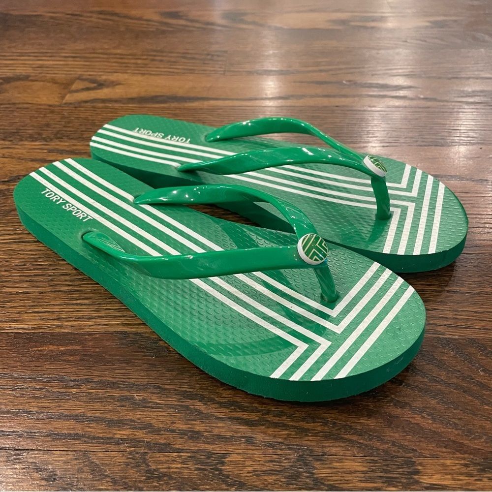 TORY BURCH Tory Sport Green & White Varsity Stripe Flip Flop Sandals